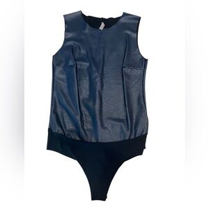 Commando Sleeveless Faux Leather Bodice Thong Bodysuit Blue Women’s Size Medium